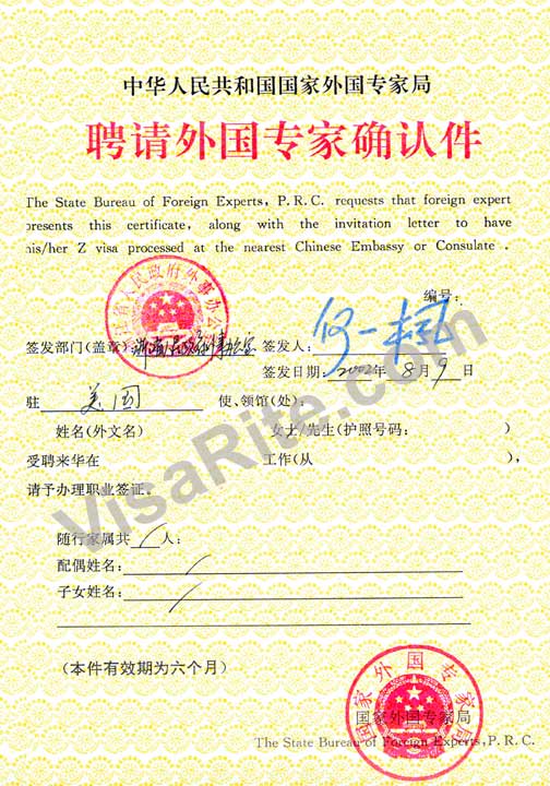 Foreign Experts Certificate Sample 2